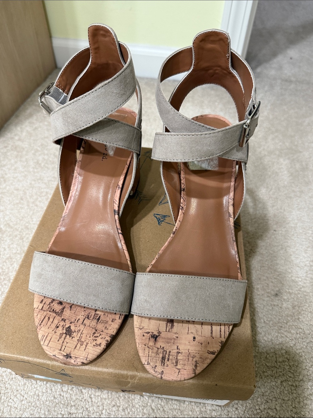 Indigo Neutral Beige Suede Cork Block Heel Sandals